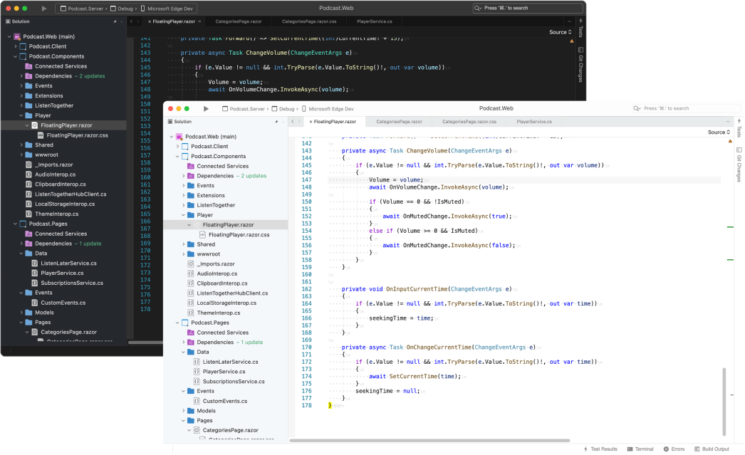 微软 Visual Studio 2022 for Mac 正式版发布:原生 macOS UI,.NET 6,适配苹果 M1 系列处理器 Visual Studio for Mac in both light and dark themes, showing a code file open.